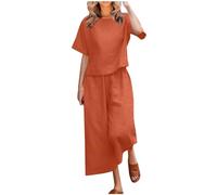 Femme Ensemble Coton et Lin Couleur Unie Chemisier + Pantalon de Joggings de Sport Décontracté Col Rond Tenue Manches Courtes Survêtement Printemps Eté Set Casual Outfit Survêtement Suit