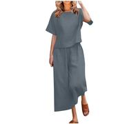 Femme Ensemble Coton et Lin Couleur Unie Chemisier + Pantalon de Joggings de Sport Décontracté Col Rond Tenue Manches Courtes Survêtement Printemps Eté Set Casual Outfit Survêtement Suit