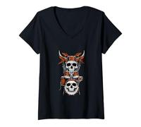 Femme Ensemble de Batterie en Forme de crâne - Musique Rock - Heavy Metal - Vintage Graphi T-Shirt avec Col en V