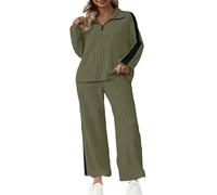 Femme Ensemble de Costume 2 Pièces Manches Longue Tricot Côtelé Pantalon Droit Survêtement Col en V Automne Hiver Tenue d'intérieur Femme Trois Pièces Survetement de Sport Pantalon et Sweat Pas Cher