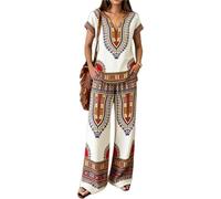 Femme Ensemble de Lounge Deux Pièces Boho Fleurs Imprimé Col V T-Shirts Manches Courtes et Pantalons Palazzo Ethnique Vacances Tenues