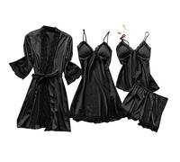 Femme Ensemble De Pyjama 4 pièces en Satin Femme Dentelle Soie Sexy Nuisette Vêtements de Nuit Nuisettes Ensemble de Lingerie Chic Chemise de Pyjama Sensuelle Peignoir Chemise de Nuit Pas Cher