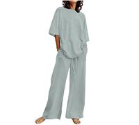 Femme Ensemble De SurvêTement Coton Et Lin ÉTé Chic Chemisier Manches Courtes + Pantalon De Joggings Tenue De Sport DéContracté Streetwear Respirant Set Outfit