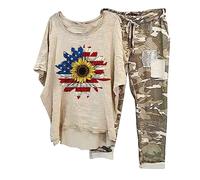 Femme Ensemble de Survêtement Coton et Lin Printemps Chic Chemisier + Pantalon de Joggings Tenue de Sport Décontracté Streetwear Manches Chauve-Souris Camouflage Respirant Set Outfit