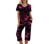 Femme Ensemble De Vêtements De Nuit - Saint Valentin Femme Comfit Elastique, Pyjamas D'intérieur 2 Pièces Chic, Tee Shirt À Manches CourtesCol en V Et Pantalon 3/4 Pastèque Rouge M