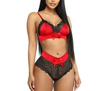 Femme Ensemble Lingerie Bretelles Sexy Dentelle Nœud Papillon Soutien-Gorge Satin Épicé Push-up et Culotte 2 Pièces Brassière Réglable Col V et String Taille Haute sous-Vêtements Nuisette (Rouge, L)