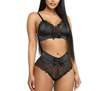 Femme Ensemble Lingerie Bretelles Sexy Dentelle Nœud Papillon Soutien-Gorge Satin Épicé Push-up et Culotte 2 Pièces Brassière Réglable Col V et String Taille Haute sous-Vêtements Nuisette (Noir, L)