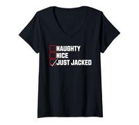 Femme Entraînement Amusant de Musculation Naughty Nice Just Jacked T-Shirt avec Col en V