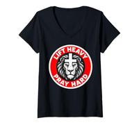 Femme Entraînement Physique Lift Heavy Pray Hard Christian Lion Cross T-Shirt avec Col en V