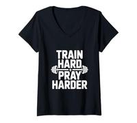 Femme Entraînez-Vous, priez Plus durement, Motivation, Gym et Fitness T-Shirt avec Col en V