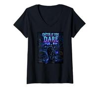 Femme Entrez si Vous osez Effrayant Loup Maison hantée Halloween T-Shirt avec Col en V