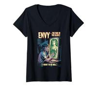 Femme Envy Retro Horror Face dans un miroir en verre Drama I Want to Be He T-Shirt avec Col en V