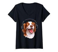 Femme Épagneul breton avec écouteurs chantant pour amoureux des chiens T-Shirt avec Col en V