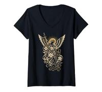Femme Épée d'archange Floral Saint Michel - Art chrétien T-Shirt avec Col en V