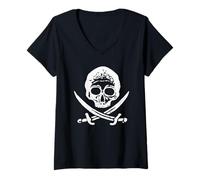 Femme Épées de crâne de pirate Jolly Roger Drapeau parler comme un pirate T-Shirt avec Col en V
