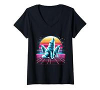 Femme Epic 3 Loups Hurlant à la Lune années 80 Wolf Vaporwave T-Shirt avec Col en V