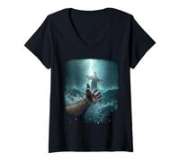 Femme Epic Bible Story Christian Graphic - Jesus Saving Peter T-Shirt avec Col en V