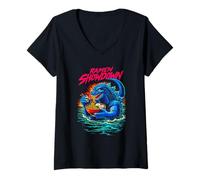 Femme Epic Kaiju Monster Mangeant des Nouilles Ramen Showdown Art T-Shirt avec Col en V