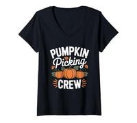 Femme Équipe de cueillette de Citrouille Amusante pour l'automne Thanksgiving Famille Automne T-Shirt avec Col en V