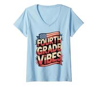 Femme Équipe d'enseignants américains de quatrième année Vibes First Day America T-Shirt avec Col en V