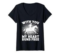 Femme Équitation My Heart Runs Free Horse Rider T-Shirt avec Col en V