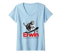 Femme ERWIN - beau nom de garçon avec un chat & skateboard T-Shirt avec Col en V