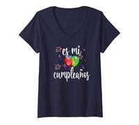 Femme ES Mi Cumpleaños Anniversaire Espagnol Para Mujer T-Shirt avec Col en V, Bleu Marine, M