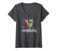 Femme ES Mi Cumpleaños Anniversaire Espagnol Para Mujer T-Shirt avec Col en V, Chiné Foncé, M