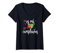 Femme ES Mi Cumpleaños Anniversaire Espagnol Para Mujer T-Shirt avec Col en V, Noir, M