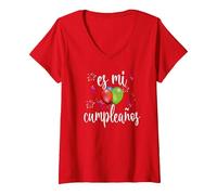 Femme ES Mi Cumpleaños Anniversaire Espagnol Para Mujer T-Shirt avec Col en V, Rouge, L