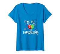 Femme ES Mi Cumpleaños Anniversaire Espagnol Para Mujer T-Shirt avec Col en V, Saphir, XL
