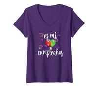 Femme ES Mi Cumpleaños Anniversaire Espagnol Para Mujer T-Shirt avec Col en V, Violet, S