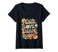 Femme Escape Room Participant, salles d'évasion Retro Peace Love des années 70 T-Shirt avec Col en V