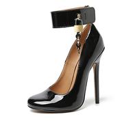 Femme Escarpins 14cm Talon Aiguille Sandales Sexy Patent Cuir High Heels avec Serrure Bout Ronde Talons Hauts Pump Banquet Fête Pompes,Noir,47 EU