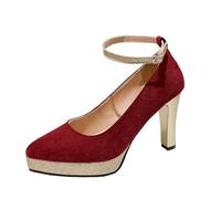 Femme Escarpins à Plateforme à Talon Épais avec Bride Cheville en Strass et Bout Fermé, Chaussures à Talons Hauts Parfaits pour Une Robe de Soirée (Red, 35)