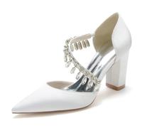 Femme Escarpins Bout Pointu Confort Talon Épais Chaussures De Mariée en Satin Bloc Talons 8.5CM,Blanc,42 EU