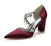 Femme Escarpins Bout Pointu Confort Talon Épais Chaussures De Mariée en Satin Bloc Talons 8.5CM,Burgundy,42 EU