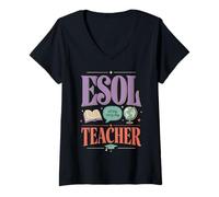 Femme ESOL Enseignant en pprentissage des Langues T-Shirt avec Col en V
