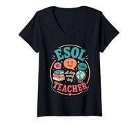 Femme ESOL Professeur de Langue Enseignant multilingue T-Shirt avec Col en V