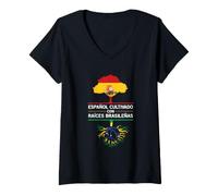 Femme Espagne Brésil Drapeaux Origines Cadeau Fans T-Shirt avec Col en V