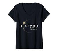 Femme Espagne Eclipse 2026 12 août Totalité Solaire Totale 08.12.26 T-Shirt avec Col en V