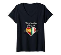 Femme Espagne, Italie, Heartbeat Design Two Countries One Love T-Shirt avec Col en V