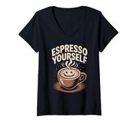 Femme Espresso Yourself Tasse à café rétro Motif Visage Souriant T-Shirt avec Col en V