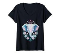 Femme Esprit de force amusant, phases mystiques de la lune, amoureux des éléphants T-Shirt avec Col en V
