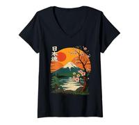 Femme Esprit Japonais Mont Sakura Paysage rétro Japon T-Shirt avec Col en V