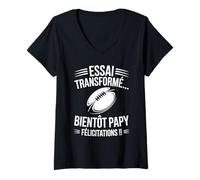 Femme Essai Transformé Bientôt Papy Annonce Humour Grossesse Rugby T-Shirt avec Col en V