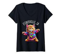 Femme Estherville, IA USA, Dessin Amusant et Mignon de Chat Dansant coloré T-Shirt avec Col en V