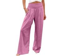 Femme Été Coton Lin Pantalon Vetement Large Souple Taille Elastique Pantalon Ete Femme Leger Coton Lin Detente Large Haute Chic Et Elegant Tenue Mes Commandes 2#Rose L