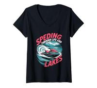 Femme Été en Jet Ski à Travers la Vie et Les Lacs T-Shirt avec Col en V