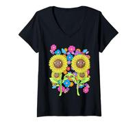 Femme Été Fleurs Tournesols Tournesol Rétro Enfants Enfant T-Shirt avec Col en V